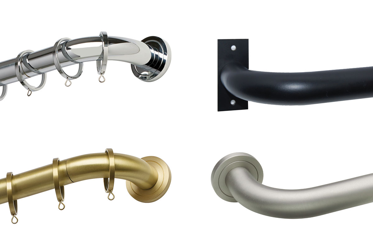 Four drapery rods with French returns in different metal finishes.