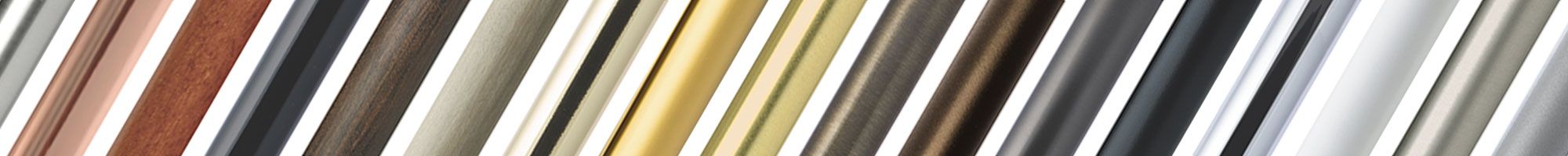 Detail of drapery hardware rods in a wide range of finishes set on an angle in a horizontal row on a white background.