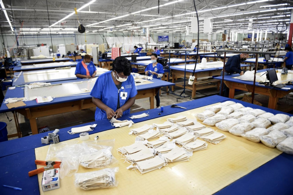 The workroom as employees from Carole Fabrics make face masks in response to COVID-19.