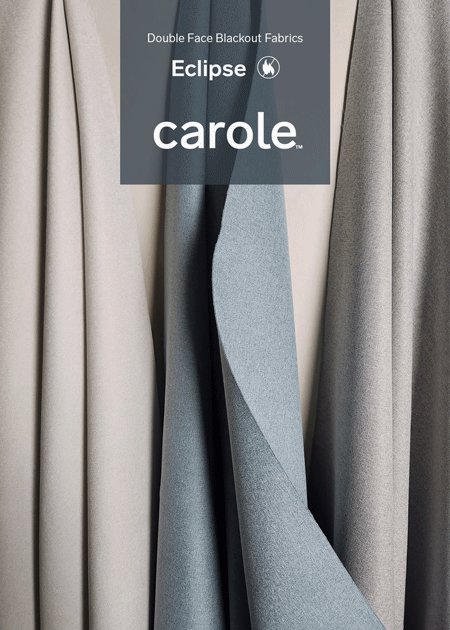 Animated graphic showcasing fabrics from Nightfall and Eclpse sample books from Carole Fabrics.