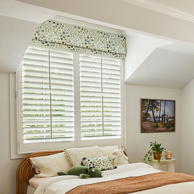 Judith Board Mounted Valance in a bedroom dormer window.