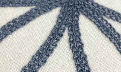 Detail of lines of blue embroidered chain stitch on a white background.